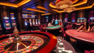 Experience the excitement of FLY88 with vibrant casino tables and roulette wheels.