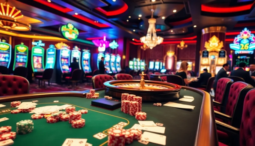 Excited players enjoying games at the MK8 casino, featuring poker and slot machines.