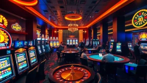 Experience the vibrant gaming atmosphere of 55WW, showcasing lively slot machines and table games in a trusted online casino.