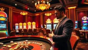 Engaged gambler strategizing at the luxury casino table of https://go8f.com/ amidst vibrant gaming atmosphere.
