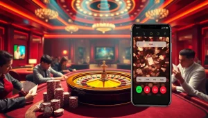 Gamblers engaging at a roulette table while using link alternatif sbobet on a smartphone for online betting.