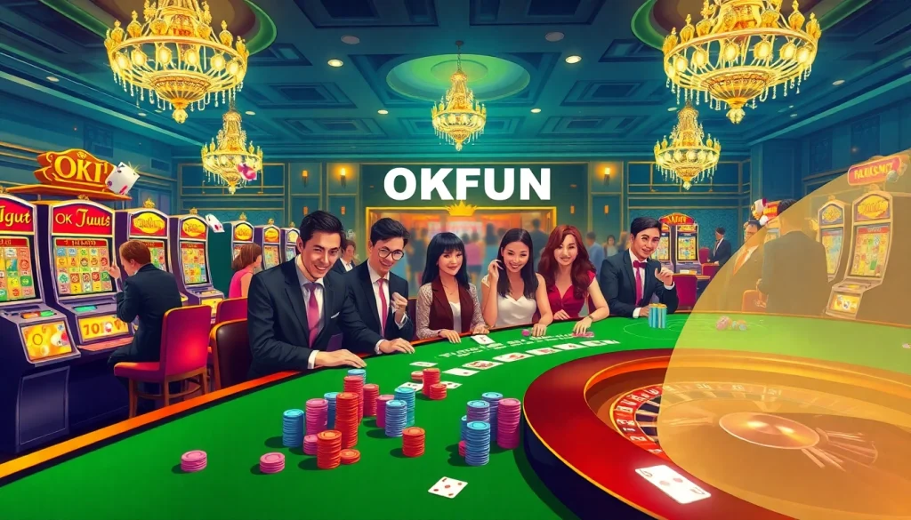 Experience the thrill of gambling at OKFUN, featuring vibrant slot machines and excited players around poker tables.