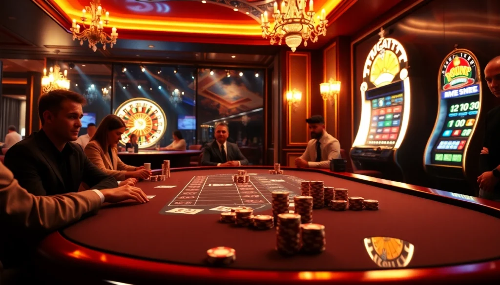 Players strategizing at a poker table at https://rr88.navy/ with a luxurious casino ambiance.