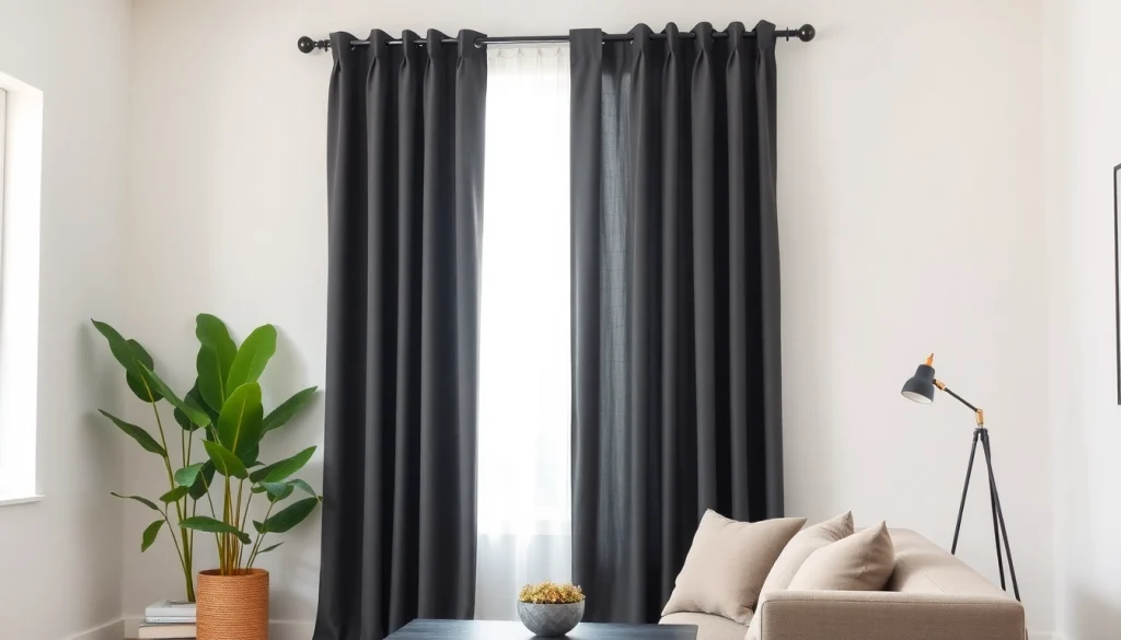 Verduisterende gordijnen creëren een ontspannen sfeer in een stijlvolle woonkamer.
