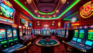 Experience the thrill of slot online terpercaya with vibrant casino visuals of exciting slot machines.