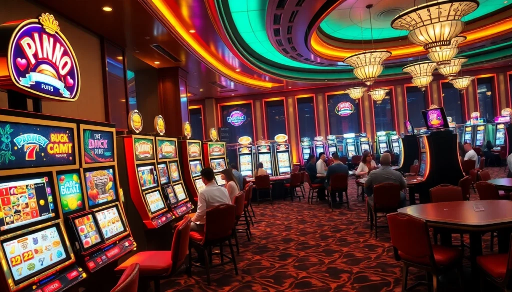 Players excitedly engaging with game nổ hũ in a vibrant casino atmosphere.
