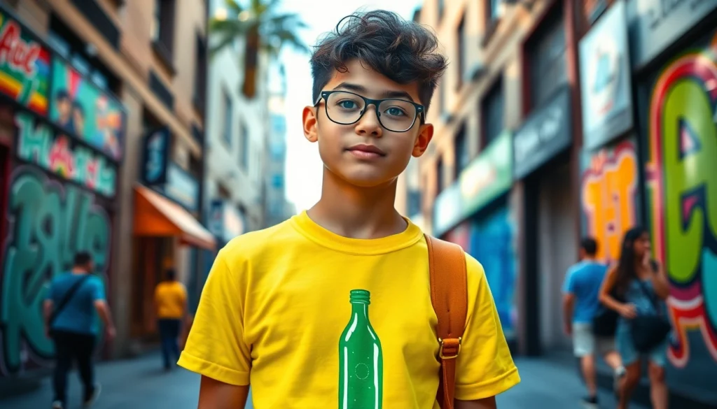 Youth confidently showcasing a stylish BOTOL169 green bottle T-shirt in an urban setting, reflecting trendy fashion.