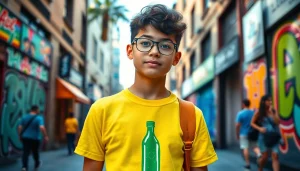 Youth confidently showcasing a stylish BOTOL169 green bottle T-shirt in an urban setting, reflecting trendy fashion.