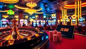 Experience excitement at XX 88 with vibrant casino visuals showcasing poker chips and a roulette wheel.