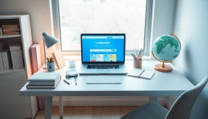 Youdao translation website open on a sleek laptop in a modern study room with educational tools.