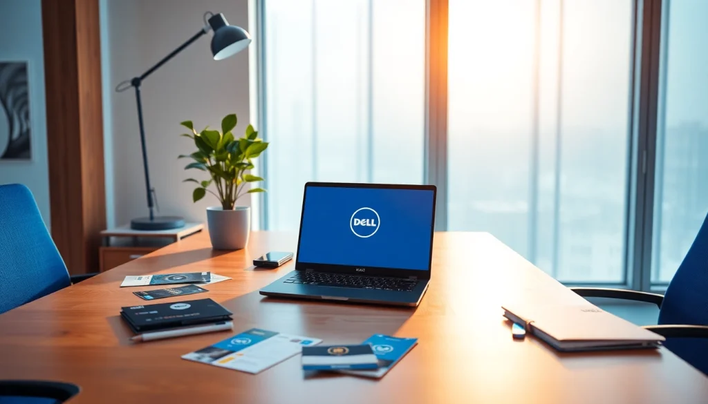 モダンなオフィスで Dell ノートパソコンと販促物を表示する DELL クーポン