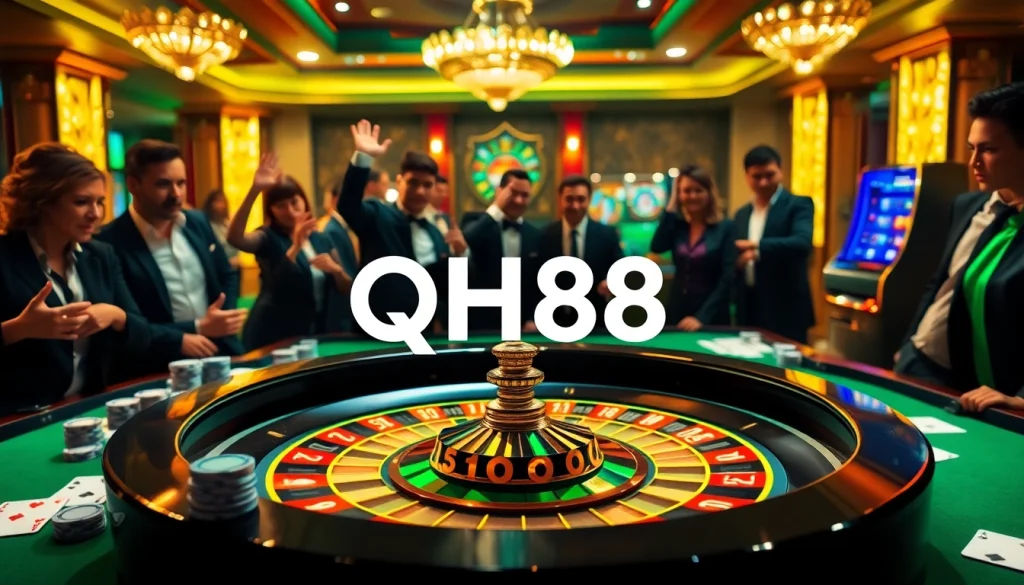 Players enjoying a high-stakes game at QH88 casino, featuring roulette and poker elements.