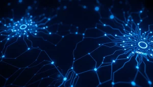 Visual representation of the hidden wiki with abstract digital nodes and .onion links symbolizing the dark web.