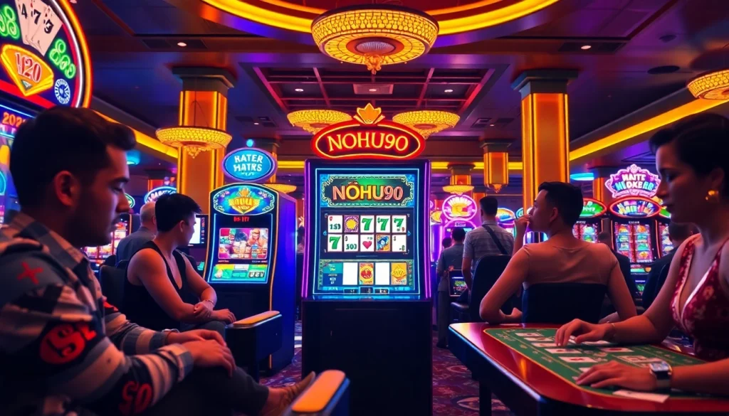 Experience the excitement of NOHU90 while playing on a luxurious slot machine in a vibrant casino.