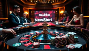 Experience thrilling gameplay at New88bet.us with a luxurious casino scene showcasing roulette and poker.