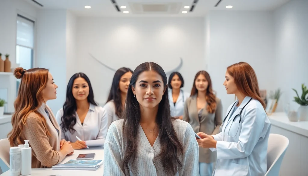 現代のヘアクリニックで女性の薄毛治療を相談する女性。サポートと専門性のある環境を示しています。
