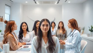 現代のヘアクリニックで女性の薄毛治療を相談する女性。サポートと専門性のある環境を示しています。
