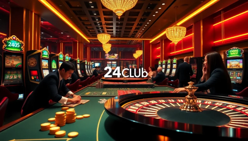 Trải nghiệm cảm giác cá cược tại 24kclub với các yếu tố casino sống động gồm các lá bài, roulette và máy đánh bạc.
