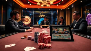 Exciting poker game at tr88vip.co.com with vibrant chips and illuminated roulette wheel.