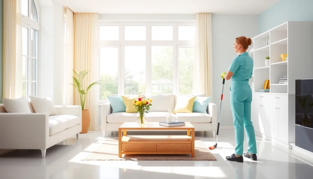 Cleaning Services Near Fort Lee, NJ with a professional cleaner in a bright living room.