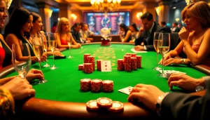 Excited players at a gilajp poker table, showcasing luxury, chips, and cards in vibrant casino ambiance.