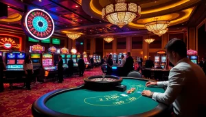 Experience the thrill of TT88 in a luxurious casino setting with vibrant slot machines and a poker table.