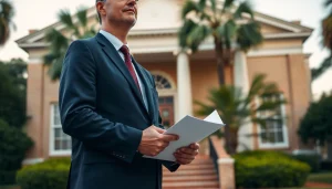 Charleston criminal lawyer engaging with a client outside a historic courthouse in Charleston.