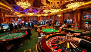 Experience the thrill of Gk88 with a bustling casino scene, featuring poker tables and spinning roulette wheels.