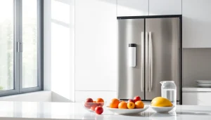 Waterdrop DA29-00020B Refrigerator Water Filter featured in a modern kitchen setting, emphasizing sleek design and freshness.