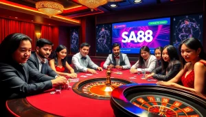 Experience the thrill of gambling at SA88 with intense poker action and vibrant casino elements.