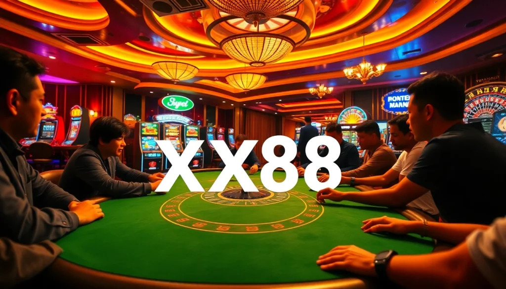 Action-packed scene of players enjoying xx88 poker while vibrant slot machines light up the background.