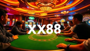 Action-packed scene of players enjoying xx88 poker while vibrant slot machines light up the background.