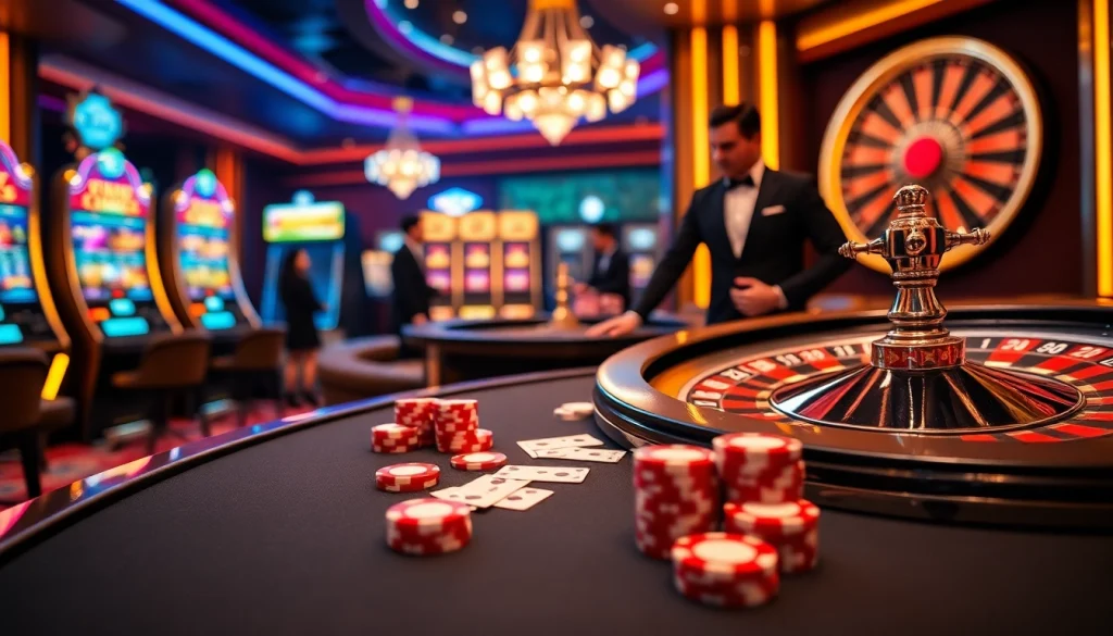 Players enjoying a thrilling game at RR88's luxurious casino scene with vibrant gaming elements.