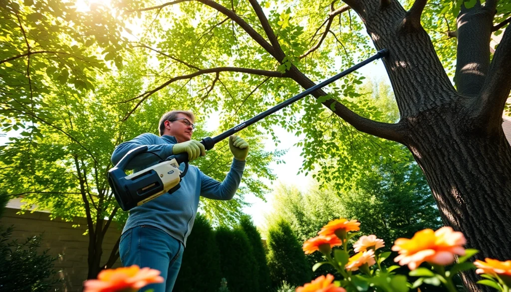 The best electric pole saw in action, trimming a tree in a backyard setting.
