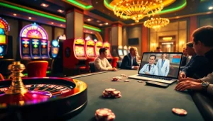 Players enjoying telehealth hemorrhoid treatment consultations while gambling at a luxurious casino.