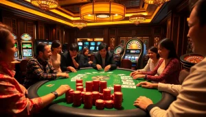 Engaged players enjoying a thrilling k9k9 game at a luxurious casino table.