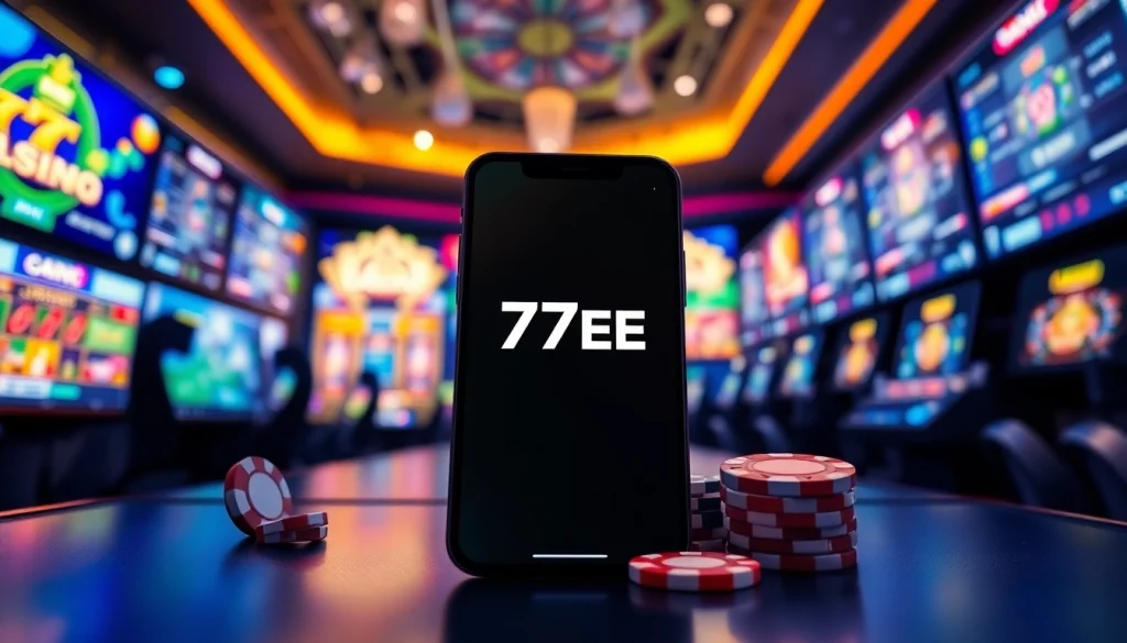 77EE online betting app interface with vibrant casino elements, showcasing excitement and innovation.
