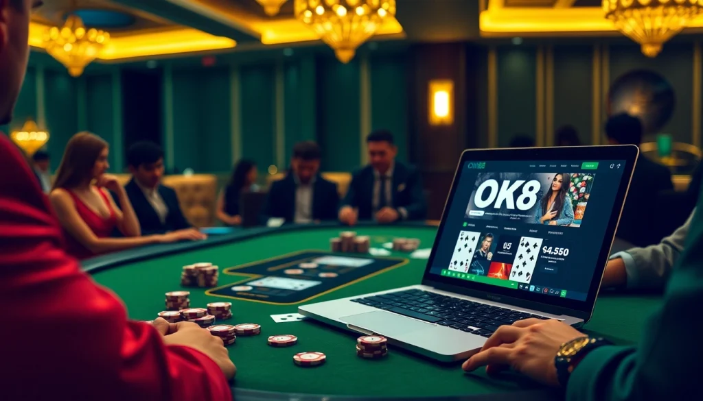 Engaging poker game at a luxurious casino highlighting OK88 chips and online interface.