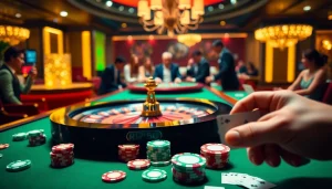 Exciting casino scene with JUMLAH BACKLINK theme and vibrant poker chips on a roulette table.