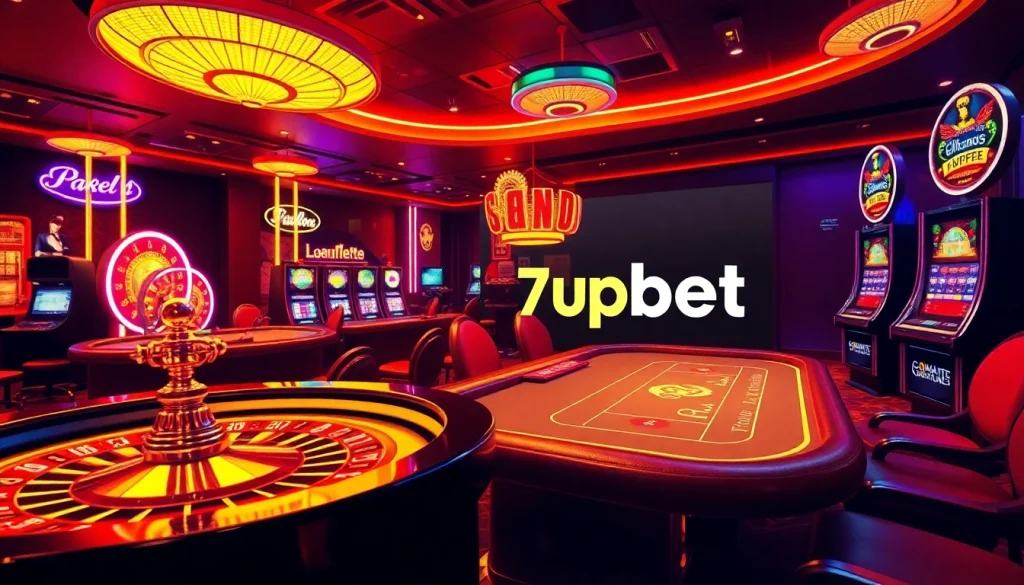 Engage with 7upbet as you navigate a vibrant casino scene filled with roulette wheels and poker tables.