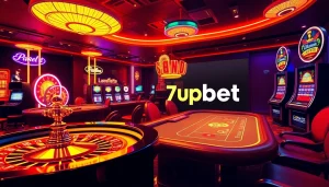 Engage with 7upbet as you navigate a vibrant casino scene filled with roulette wheels and poker tables.