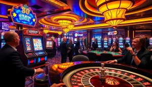 Experience the thrill of Idnslot with vibrant slot machines and engaging poker tables in a luxurious casino.