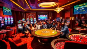 Players winning big at an indoxxi-themed casino table, surrounded by vibrant slot machines.