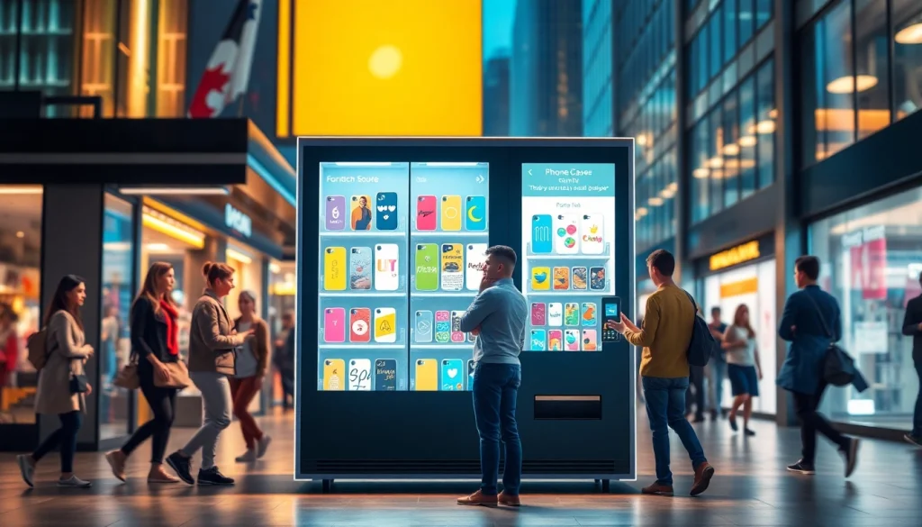 Interactive phone case vending machine in an urban setting offering customized designs quickly.