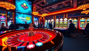 Gamblers enjoying a thrilling experience at the luxurious nova88 casino with roulette and illuminated slot machines.