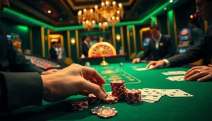 Players enjoying poker at the luxurious j88.gives casino table, chips and cards in action