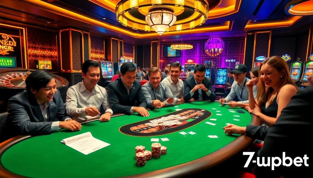 Excited players engaging in a high-stakes game at a 7upbet poker table, surrounded by vibrant casino energy.