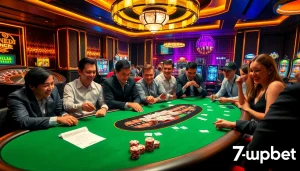 Excited players engaging in a high-stakes game at a 7upbet poker table, surrounded by vibrant casino energy.