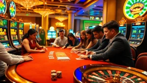 Gambling players enjoying a thrilling round of poker at a luxurious casino, TR88 themed.