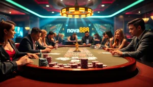 Players enjoying a high-stakes poker game at nova88 casino, showcasing excitement and competitive spirit.